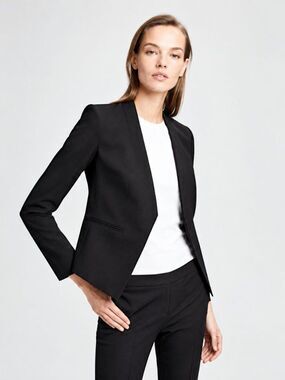 Theory Lanai Women's 2 Black Virgin Wool Collarless Blazer Quiet Luxury Office